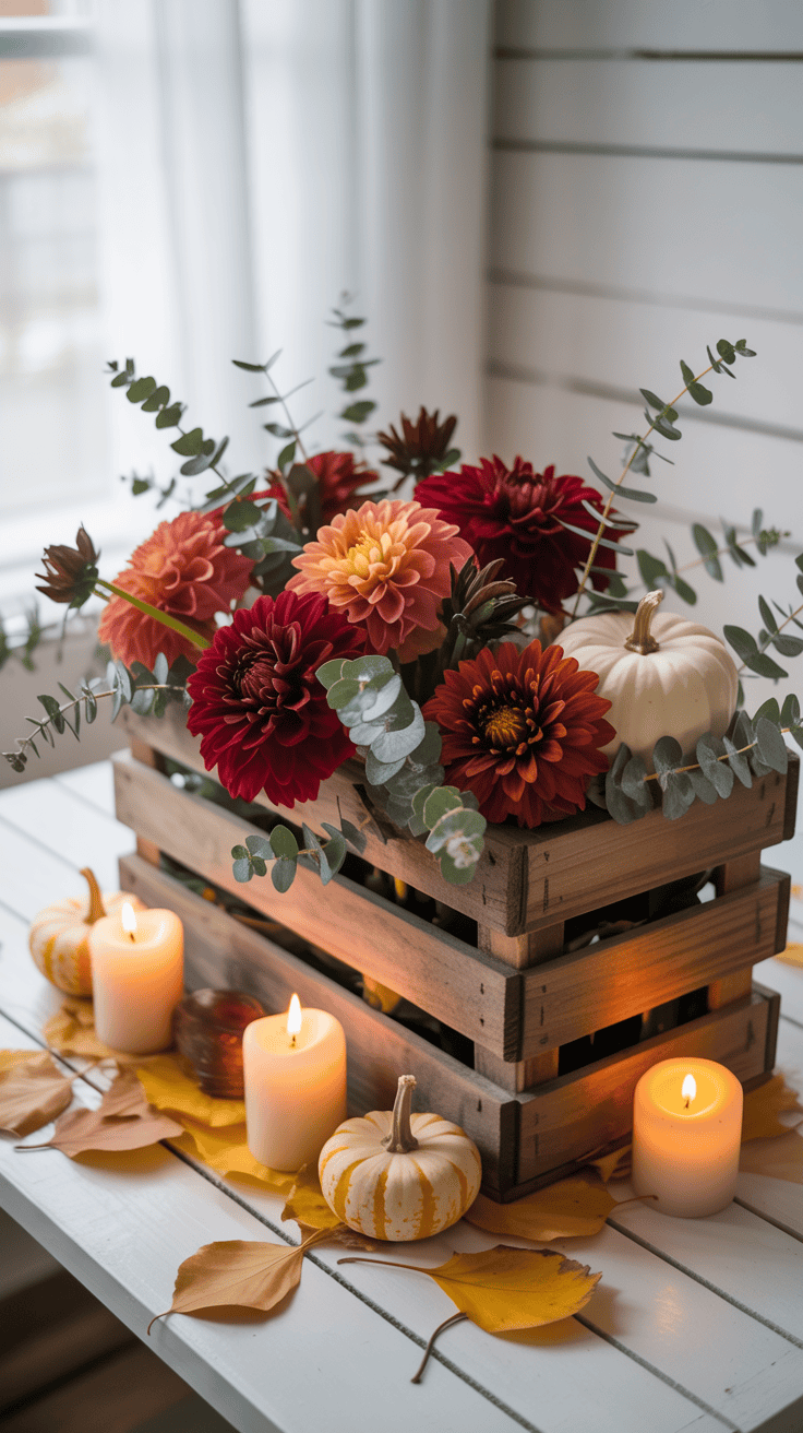 A wooden crate filled with red, orange, and yellow flowers, accompanied by eucalyptus leaves, with white and orange miniature pumpkins and lit candles arranged around it, set on a white table with autumn leaves.