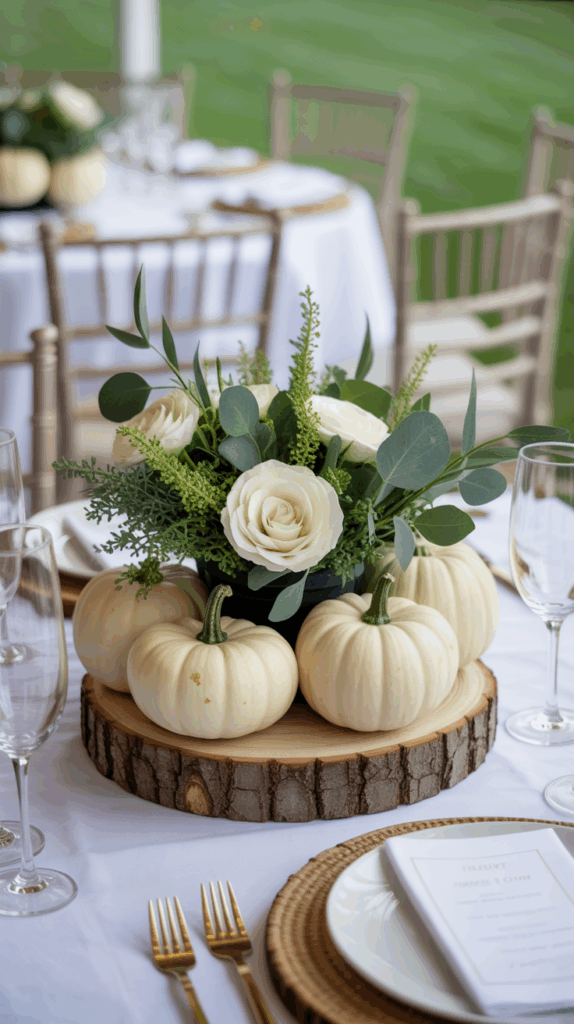 A wedding table centerpiece featuring a floral arrangement with white roses and greenery, surrounded by small white pumpkins, placed on a wooden slice on a white tablecloth; accompanied by gold flatware and a woven placemat.