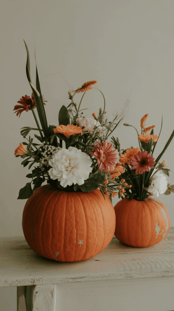 Two pumpkins used as vases hold colorful flower arrangements with blooms in red, white, pink, orange, and green leaves, placed on a wooden surface against a plain background.
