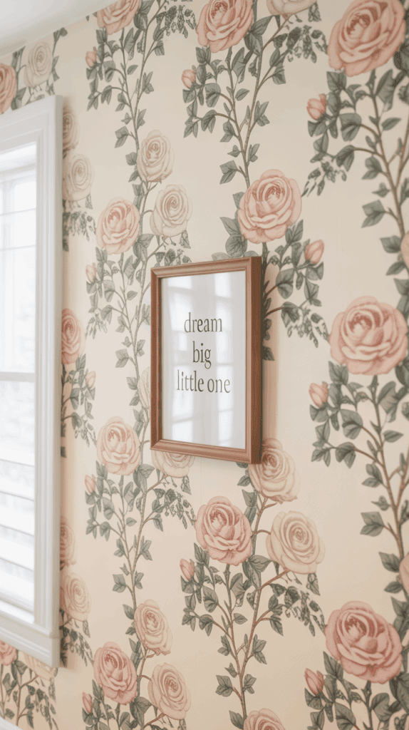 Framed text reading "dream big little one" on a floral wallpaper with pink roses and green leaves.
