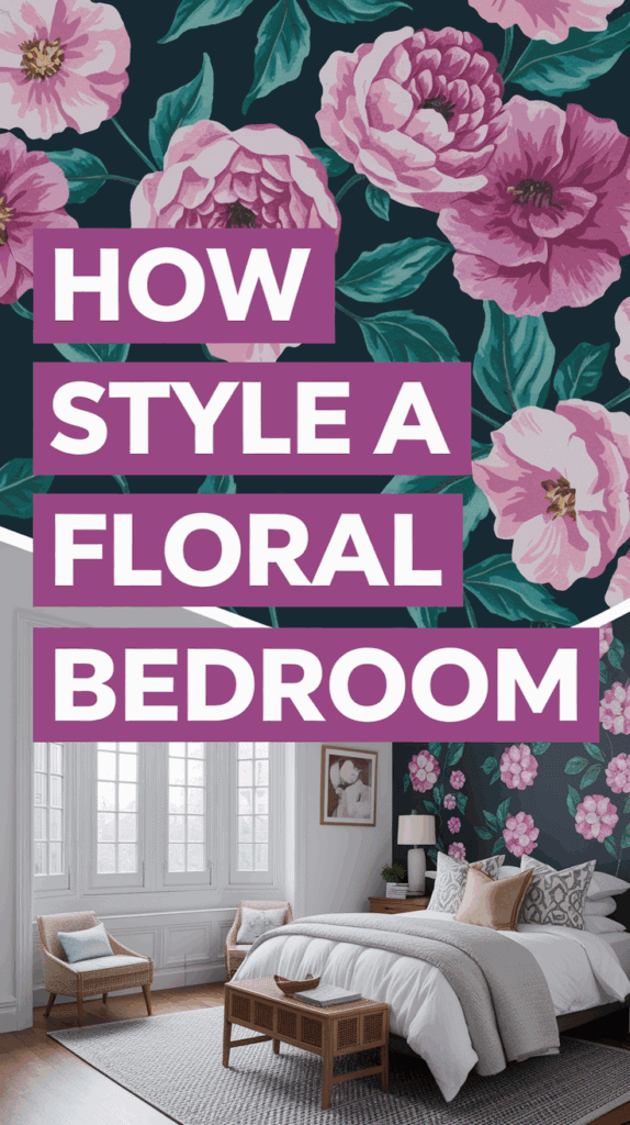 A stylish bedroom with a floral theme, featuring a dark floral wallpaper with pink flowers behind a neatly made bed, rattan furniture, and a large window letting in natural light. Text overlay reads: "How to Style a Floral Bedroom."
