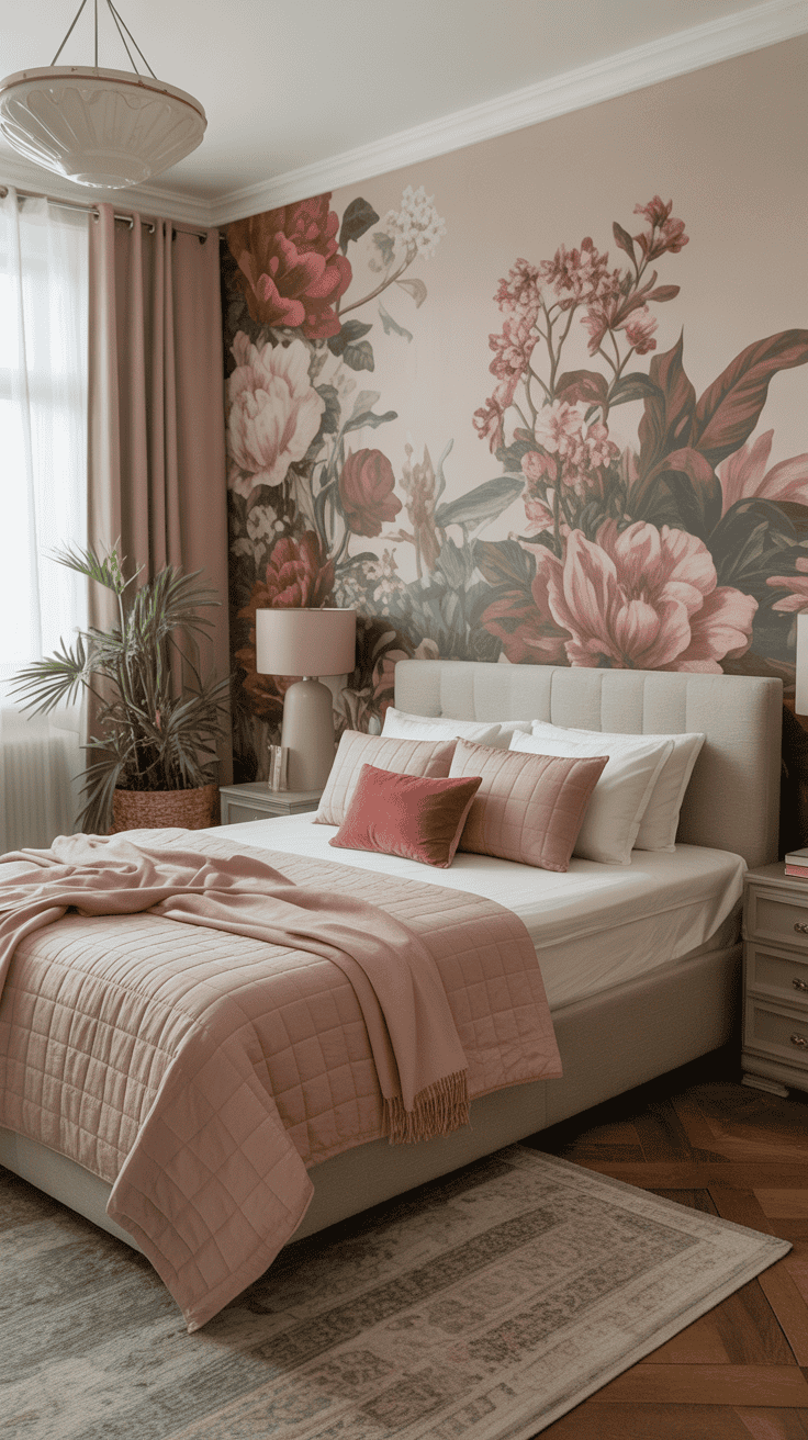 A stylish bedroom with a pink and beige color scheme featuring a bed with pink bedding, floral wallpaper, and a potted plant next to a bedside table with a lamp.