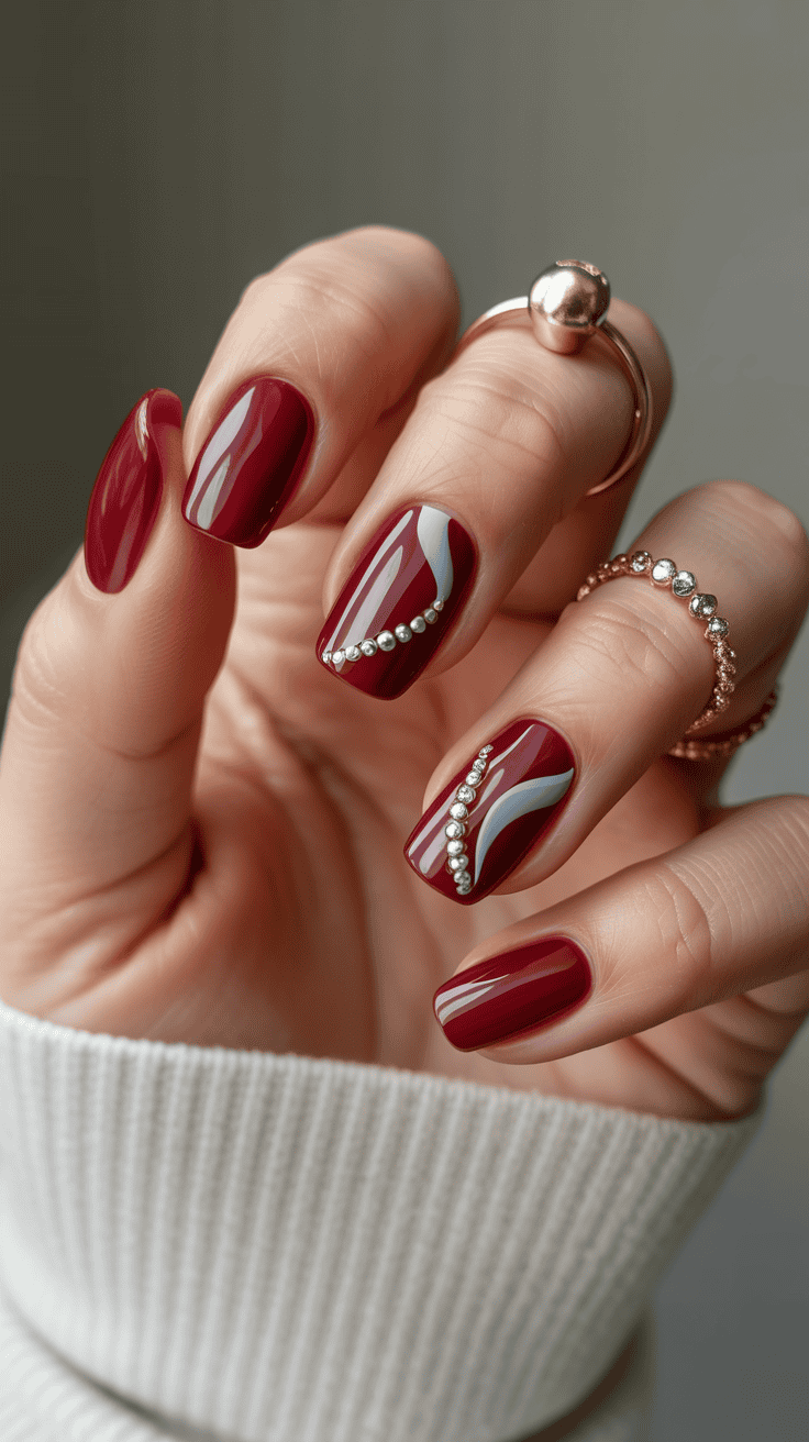 A hand with a manicure featuring deep burgundy nails, embellished with silver bead accents and wavy gray stripes. The fingers have gold and pearl rings, and the hand is wearing a white sleeve.