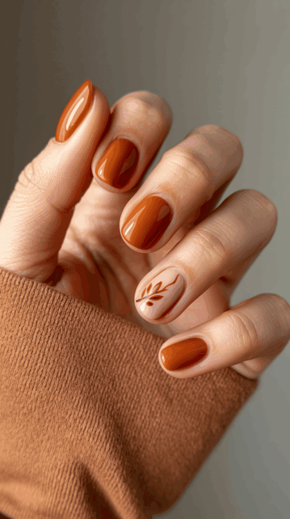 A hand with short, glossy nails painted in a warm orange-brown color, with one nail featuring a subtle leaf design.