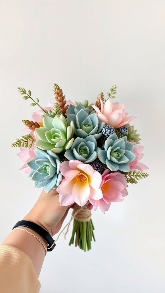 A hand holding a colorful bouquet of flowers and succulents against a plain background. The bouquet includes green and blue succulents, pink flowers, and small berries, tied with string at the stems.