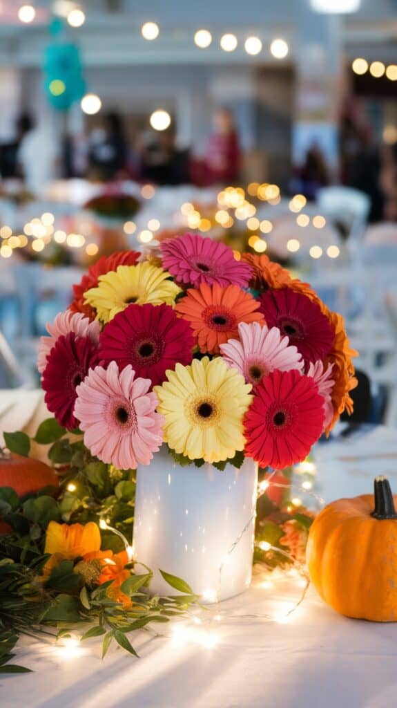 A bouquet of colorful gerbera daisies in a white vase, surrounded by twinkling fairy lights and foliage on a table, with a small pumpkin nearby, in a dimly lit room with a festive ambiance.