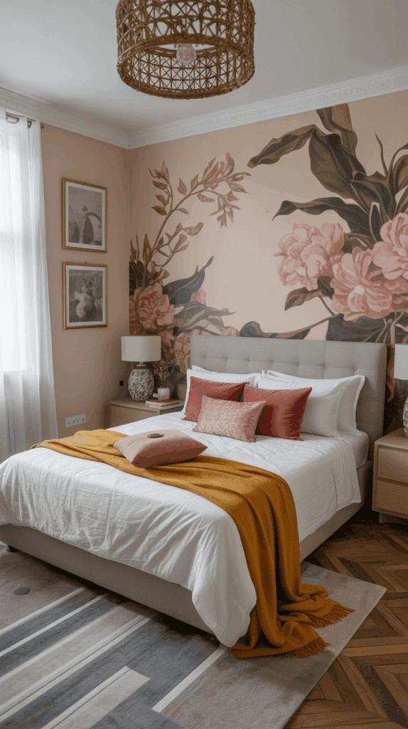 A stylish bedroom featuring a bed with white linens and decorative pink and mustard-colored pillows and throw. The walls are adorned with a large floral mural and framed artwork, and the room is illuminated by a woven, basket-like light fixture. There are two matching nightstands with lamps on either side of the bed.
