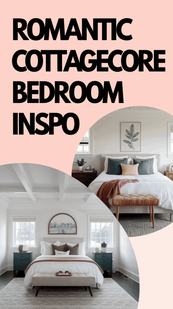 A collage titled "Romantic Cottagecore Bedroom Inspo" showing two cozy, well-decorated bedroom scenes with soft color tones, plush bedding, and rustic elements like wooden furniture and botanical wall art.