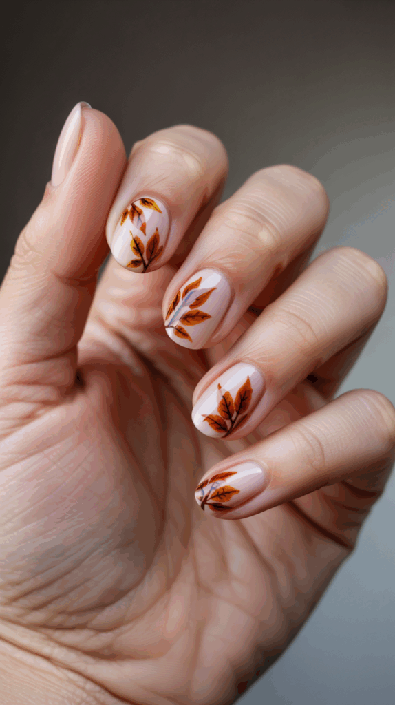 A hand with neatly manicured nails, featuring a glossy finish and orange-brown leaf designs on each nail, set against a neutral background.