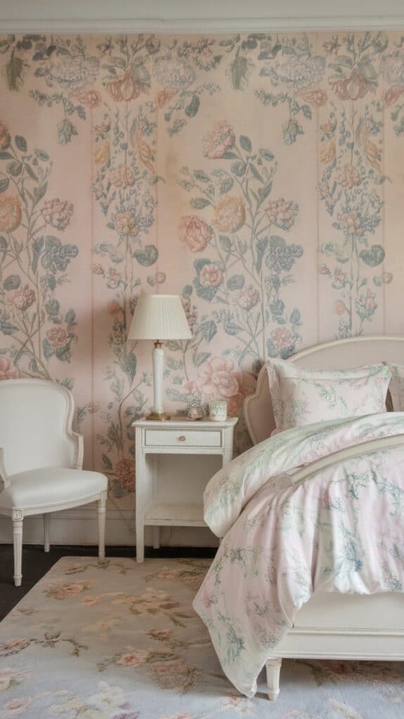 A bedroom with a vintage floral theme, featuring soft pink and pastel colors. The room includes a floral wallpaper, a bed with matching floral bedding, a white bedside table with a lamp, and a cushioned chair. The room has a cozy and elegant feel with floral patterns on the walls and carpet.