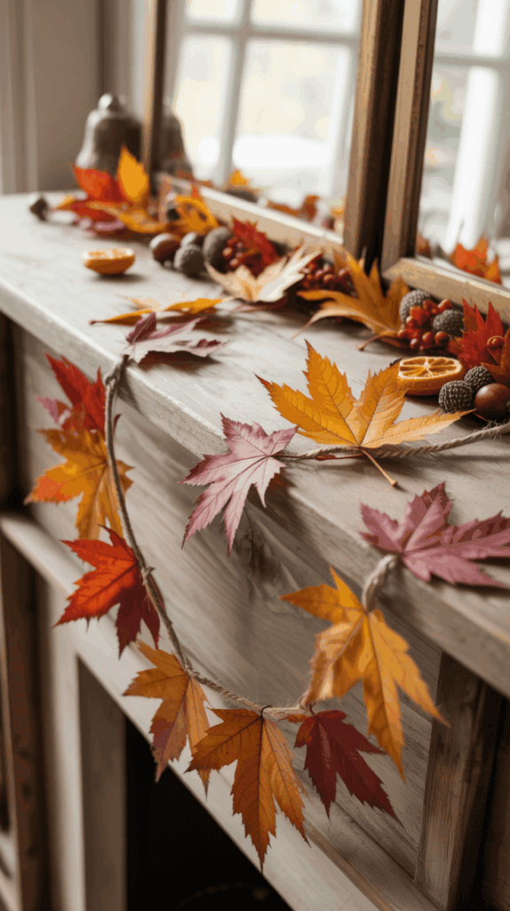 A mantel decorated with autumn leaves in shades of red and orange, acorns, and dried orange slices, creating a festive fall atmosphere.