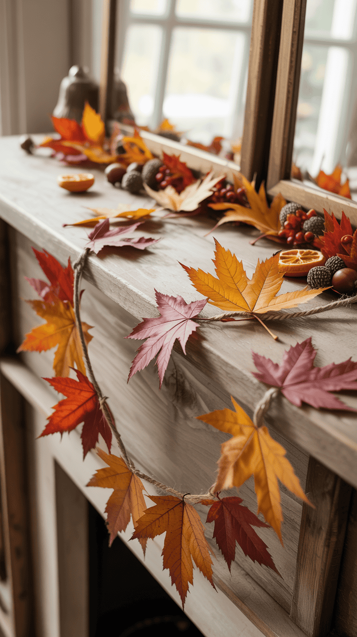 A mantel decorated with autumn leaves in shades of red and orange, acorns, and dried orange slices, creating a festive fall atmosphere.