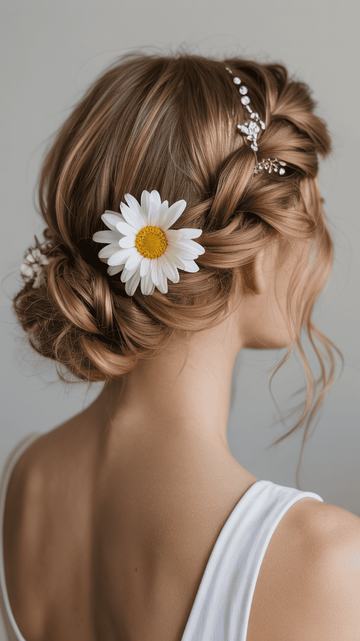 A woman with blonde hair styled in an elegant braid adorned with a white daisy and a decorative hair accessory, viewed from the back.
