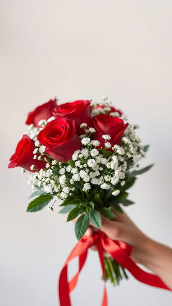 A hand holding a bouquet of red roses mixed with small white flowers and greenery, tied with a red ribbon.