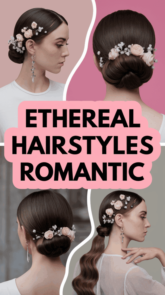 Collage of elegant hairstyles featuring women with hair adorned with roses and floral embellishments, emphasizing an ethereal and romantic look. The text 'Ethereal Hairstyles Romantic' is prominently displayed.