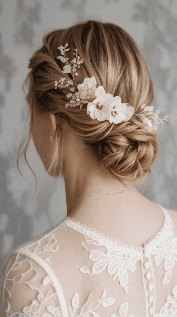 Woman with a bridal hairstyle featuring a low bun adorned with white flowers and baby's breath, wearing a lace dress with floral patterns.