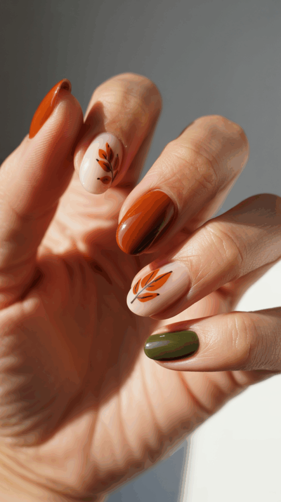 Close-up of a hand with manicured nails featuring an autumn-themed design, including brown, green, and orange colors with leaf patterns.