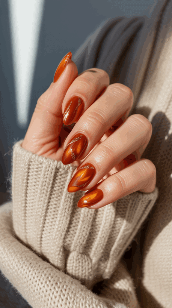 A hand with long, almond-shaped nails featuring metallic orange nail polish with gold wave accents, held against a beige knit sweater.