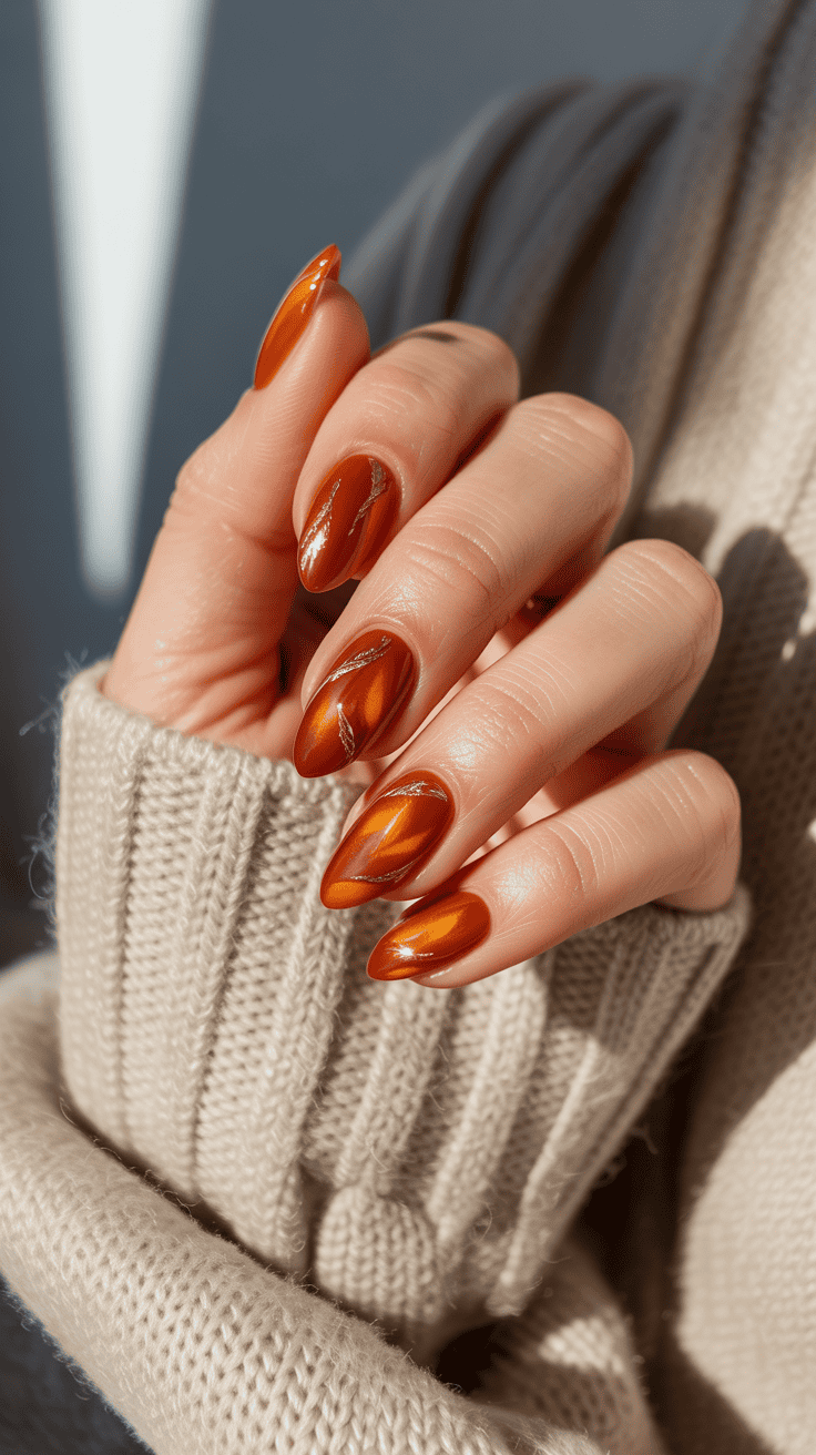 A hand with long, almond-shaped nails featuring metallic orange nail polish with gold wave accents, held against a beige knit sweater.