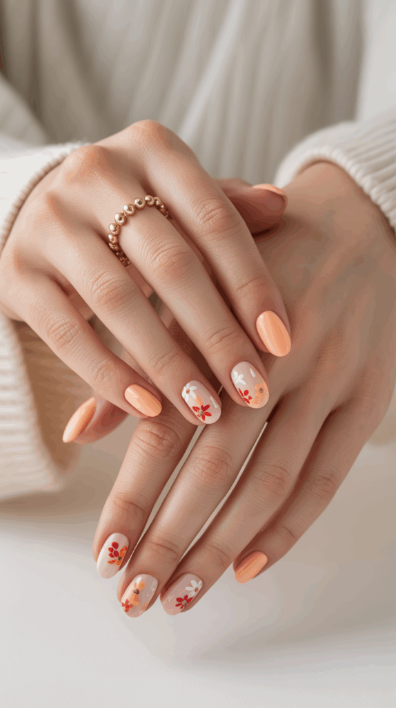 Close-up of hands with peach-colored nail polish and floral nail art, adorned with a gold bead ring.