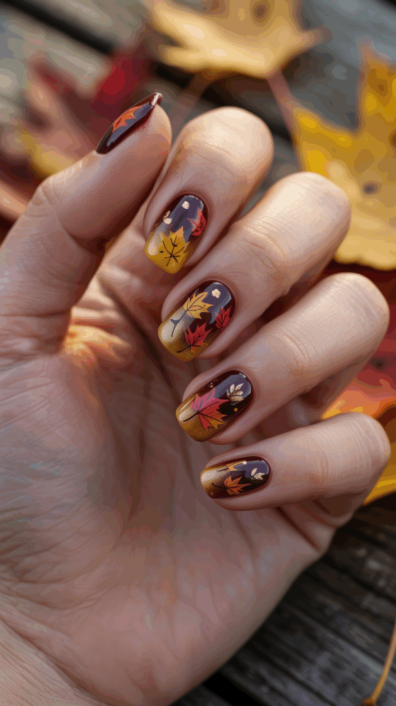 A hand with fingernails painted in autumn-themed nail art, featuring red and gold leaves on a gradient background of dark red to gold. The design is surrounded by blurred autumn leaves in the background, enhancing the fall aesthetic.