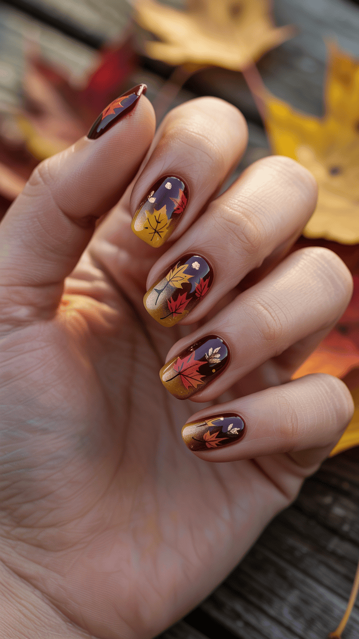 A hand with fingernails painted in autumn-themed nail art, featuring red and gold leaves on a gradient background of dark red to gold. The design is surrounded by blurred autumn leaves in the background, enhancing the fall aesthetic.
