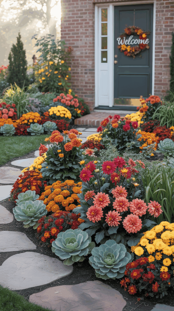 A front yard garden featuring various flowers, including orange and yellow chrysanthemums and pink dahlias, surrounding a stone pathway leading to a front door adorned with a "Welcome" sign and an autumn-themed wreath. The background shows a brick wall and well-maintained greenery.