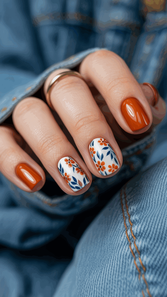Close-up of a hand with a stylish manicure featuring solid orange polish on three nails and a floral design on two, against a background of blue denim fabric.