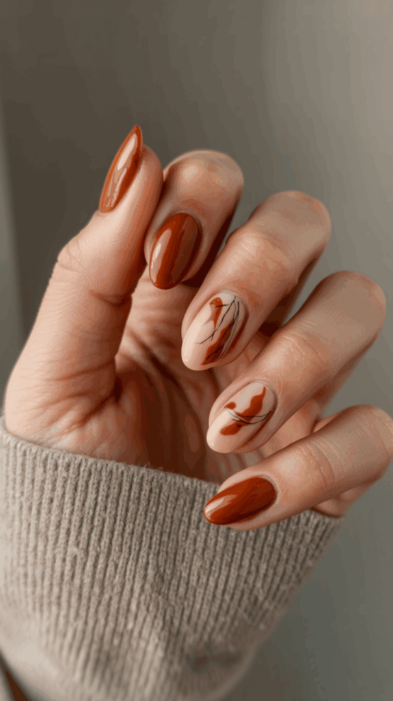 A hand with nails painted in glossy brown and beige colors, featuring a leaf design on some nails, against a neutral background.