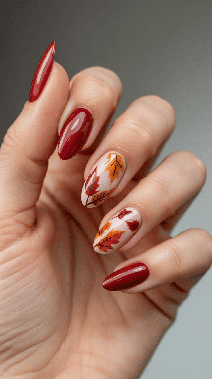Close-up of a hand with almond-shaped nails, featuring autumn-themed nail art. Some nails are painted solid dark red, while others have a background of pale polish with detailed orange and red leaf designs, evoking a fall foliage motif.