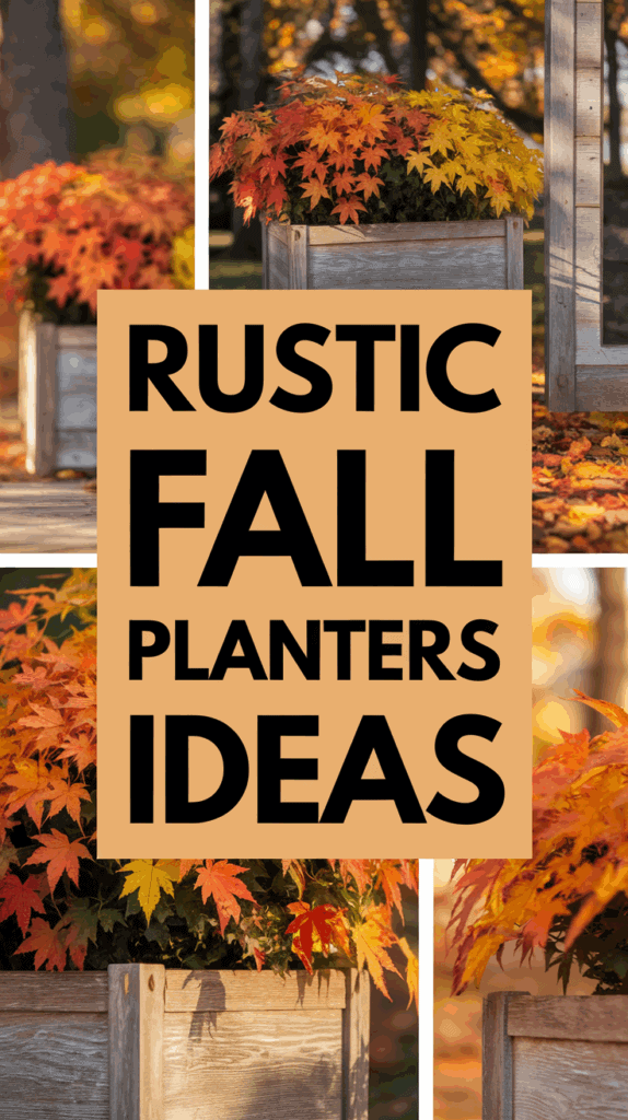 Collage of rustic wooden planters filled with vibrant autumnal foliage in shades of red, orange, and yellow, with the text "Rustic Fall Planters Ideas" in bold black letters on a beige background.