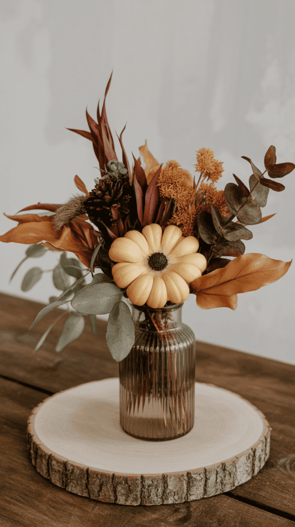A floral arrangement featuring a small pumpkin-shaped gourd, dried flowers, and leaves in warm autumnal colors, displayed in a ribbed glass vase on a wooden table.