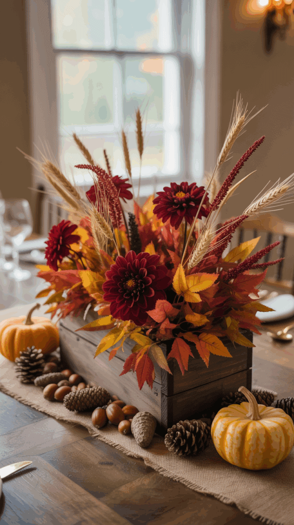 A fall-themed centerpiece featuring burgundy flowers, wheat stalks, and autumn leaves arranged in a wooden box, surrounded by small pumpkins, acorns, and pinecones on a burlap runner on a wooden table.