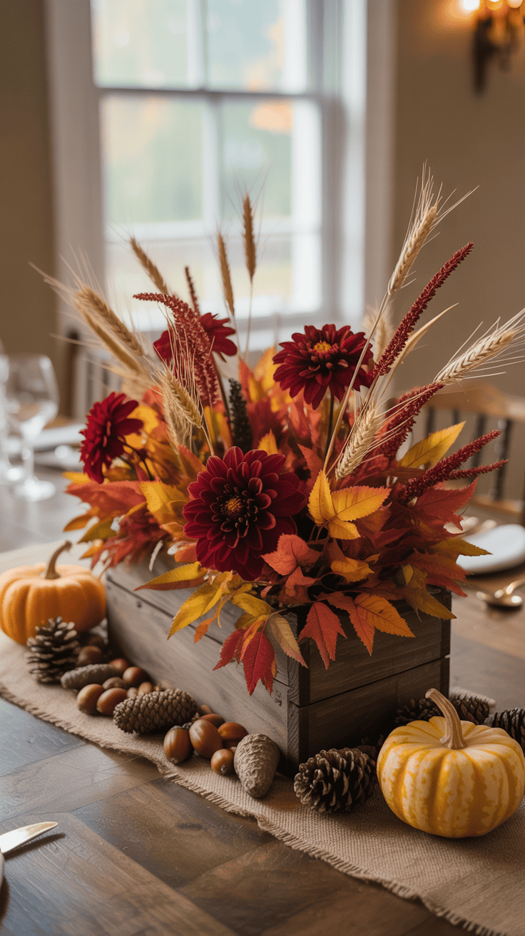 A fall-themed centerpiece featuring burgundy flowers, wheat stalks, and autumn leaves arranged in a wooden box, surrounded by small pumpkins, acorns, and pinecones on a burlap runner on a wooden table.