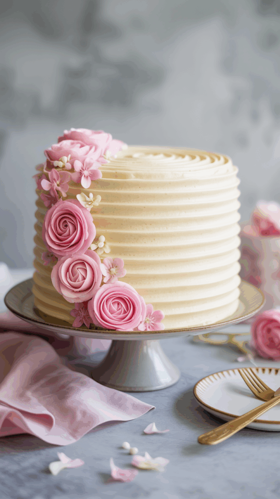 A beautifully decorated cake with smooth, cream-colored icing featuring an intricate spiral pattern. Adorned with elegant pink sugar roses and small white flowers cascading down one side, the cake is placed on a simple gray cake stand. Nearby, there is a pink napkin and a gold fork on a white plate with a gold edge, enhancing the luxurious presentation.