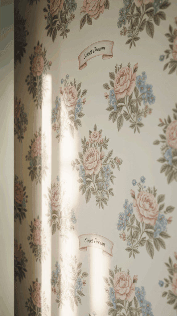 Floral wallpaper with light pink roses and blue flowers, featuring the phrase 'Sweet Dreams' in a decorative ribbon design.