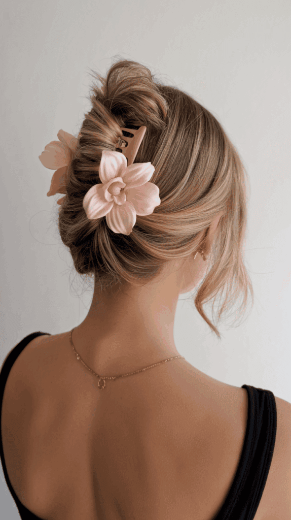 A woman with blond hair styled in an elegant updo, secured with a pink flower hair clip, wearing a black top and gold necklace, viewed from behind.
