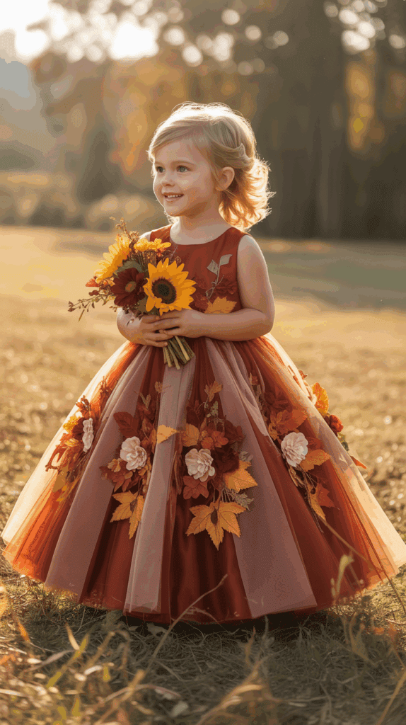 A young girl in an autumn-themed dress decorated with flowers and leaves, holding a bouquet of sunflowers, smiles while standing in a sunlit field.