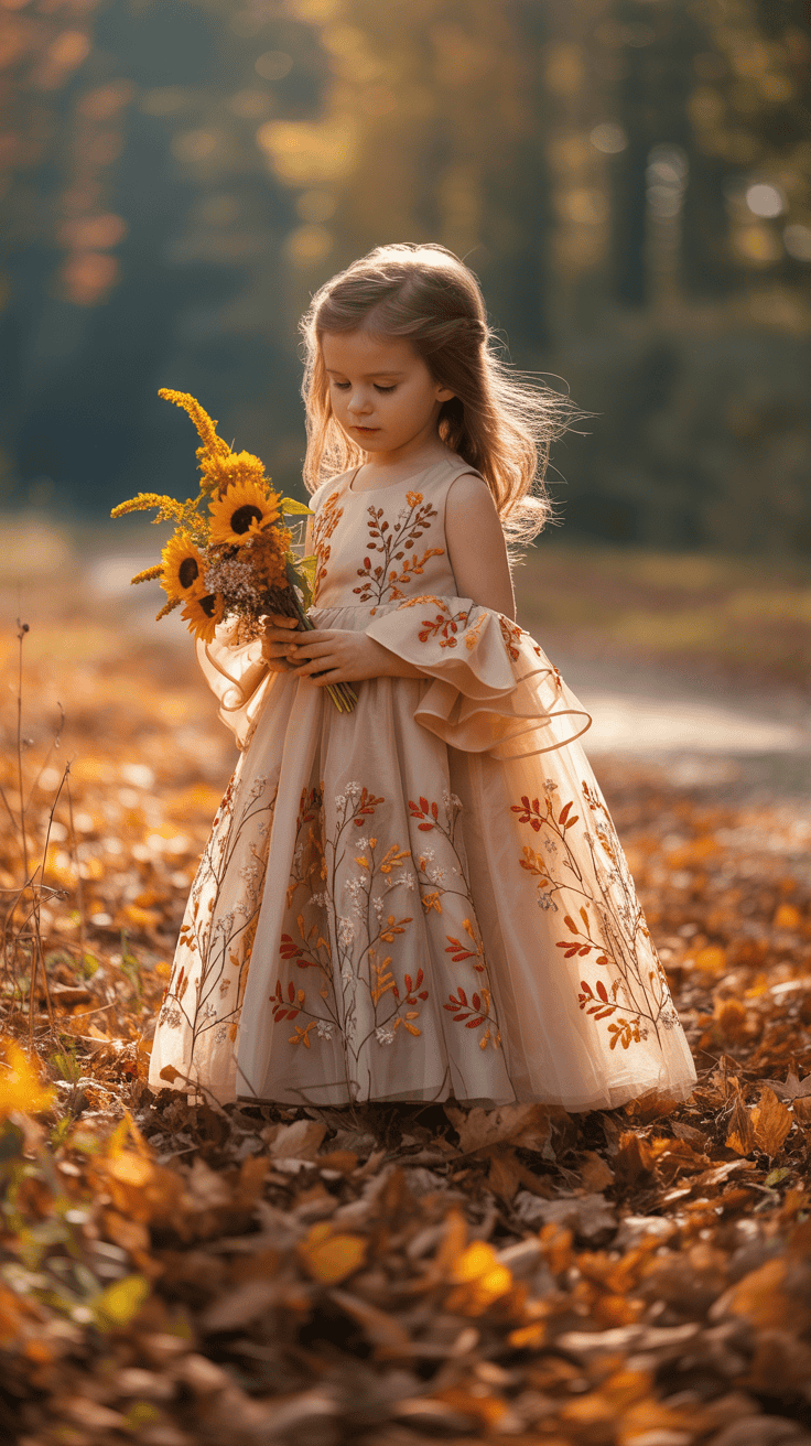 A young girl in a flowing dress decorated with autumn leaf patterns holding a bouquet of sunflowers stands amidst fallen leaves with a blurred forest background.
