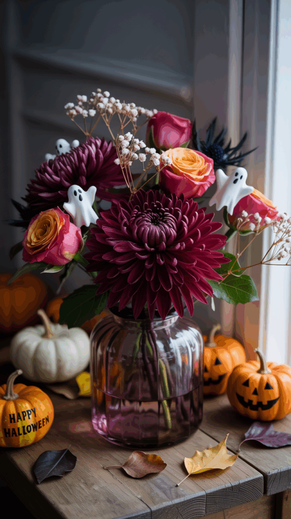 A festive Halloween-themed bouquet in a glass vase featuring dark purple chrysanthemums, pink and orange roses, small white ghost decorations, and delicate baby's breath. The arrangement is set on a wooden surface with small pumpkins, including one with 'Happy Halloween' written on it, and scattered autumn leaves nearby.