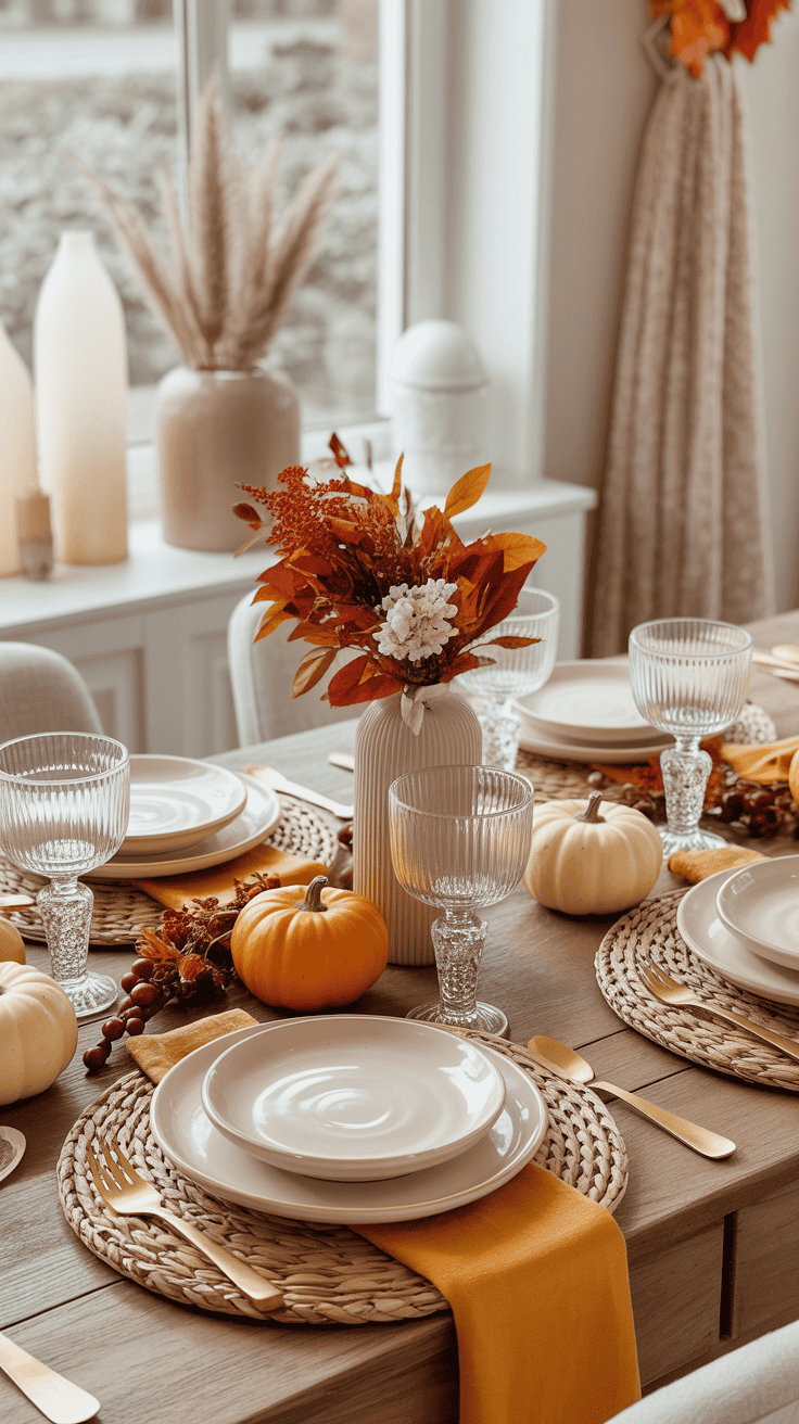 A beautifully set dining table featuring autumn decorations, including small pumpkins, a vase with fall foliage, woven placemats, and elegant glassware against a window backdrop with soft lighting.