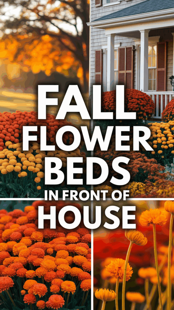 Collage of vibrant fall flower beds in front of a house, featuring red and orange blossoms against the backdrop of autumn foliage and a house with white siding and red shutters.