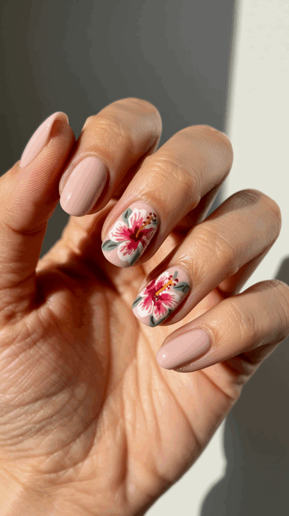 A hand with a manicure featuring light pink polished nails, two of which have detailed hand-painted pink floral designs with green leaves.