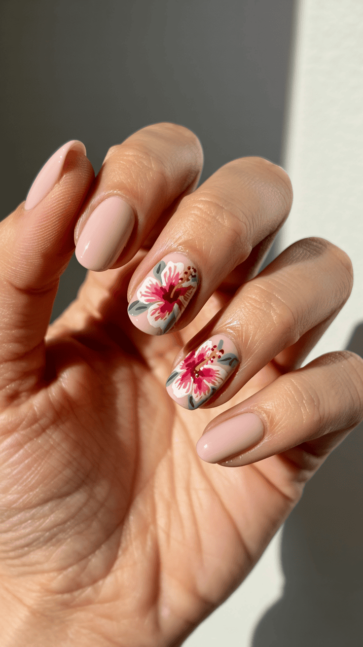 A hand with a manicure featuring light pink polished nails, two of which have detailed hand-painted pink floral designs with green leaves.