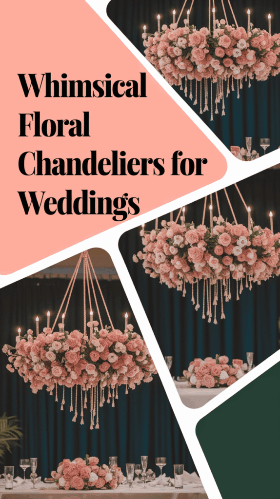 Collage featuring floral chandeliers made of pink roses and greenery, suspended with rope and adorned with candles, above elegantly set wedding tables; text reads "Whimsical Floral Chandeliers for Weddings."