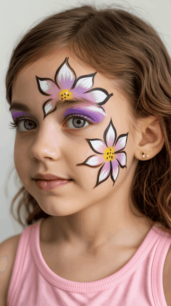 Young girl with large white and purple flower face paint on her forehead and cheek, wearing a pink tank top.