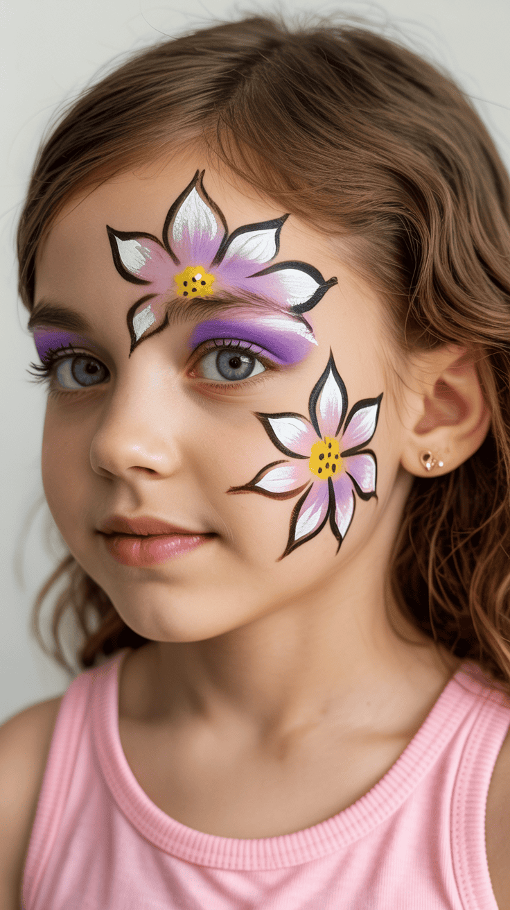 Young girl with large white and purple flower face paint on her forehead and cheek, wearing a pink tank top.