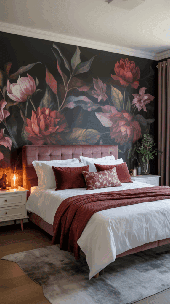 A stylish bedroom featuring a bed with a pink upholstered headboard and white linens, accented by burgundy pillows and a throw. The wall behind the bed has a large floral mural with vibrant pink and red flowers. A bedside table holds a lamp with a warm glow and decorative items. The room also includes a plush area rug and thick curtains, creating a cozy atmosphere.