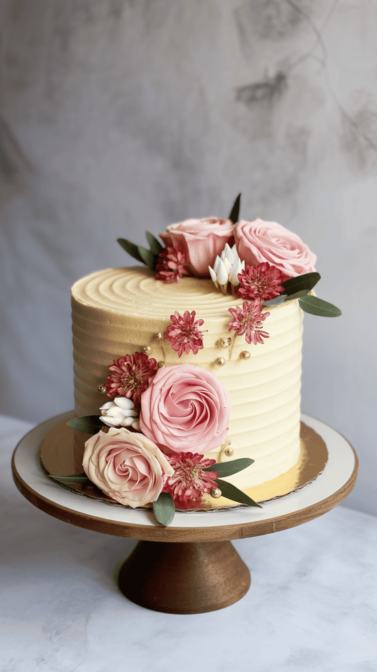 A decorated cake with smooth, creamy frosting, adorned with pink roses and small red and white flowers, displayed on a round wooden stand.