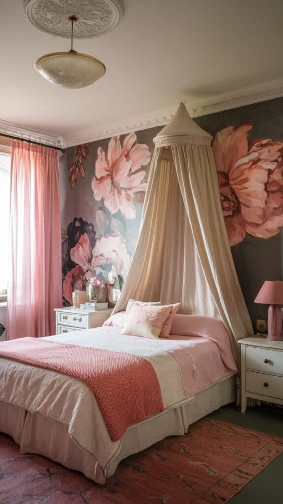 A cozy bedroom with a pink theme, featuring a bed with a pink canopy and floral mural on the wall behind. The room includes a bedside table with decorative items, pink curtains, and a pink lamp, creating a soft, romantic atmosphere.